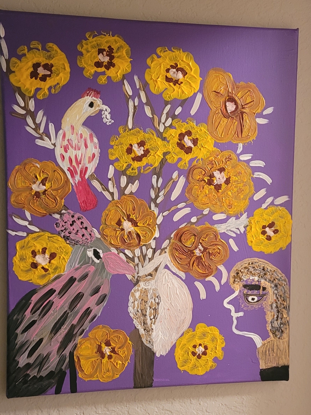 Hand-Painted Floral & Bird Canvas Art in Purple and Yellow
